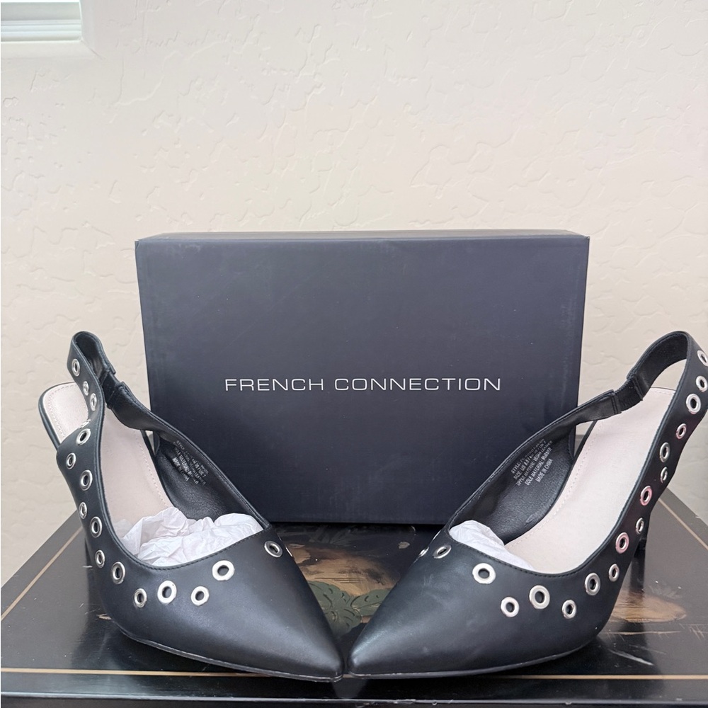 French Connection Black Eyelet Slingback Heels